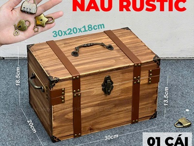 Rương gỗ viền da đinh tán 3 quai [03 Màu - Tặng ổ khóa] KT30x20x18cm RUONG-GO-04